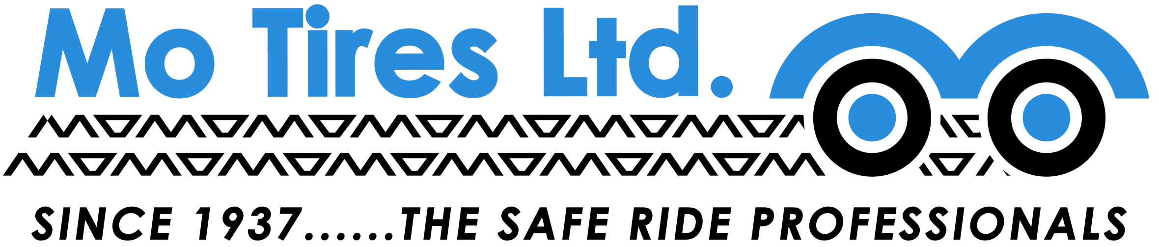 Mo Tires Ltd. logo featuring blue text and stylized tire icons, representing tire sales and automotive services in Lethbridge.